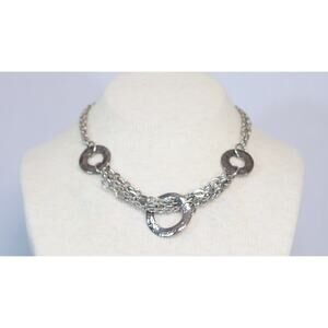 Silver Tone Choker Necklace Double Strand Cable Links Hammered Doughnut Discs